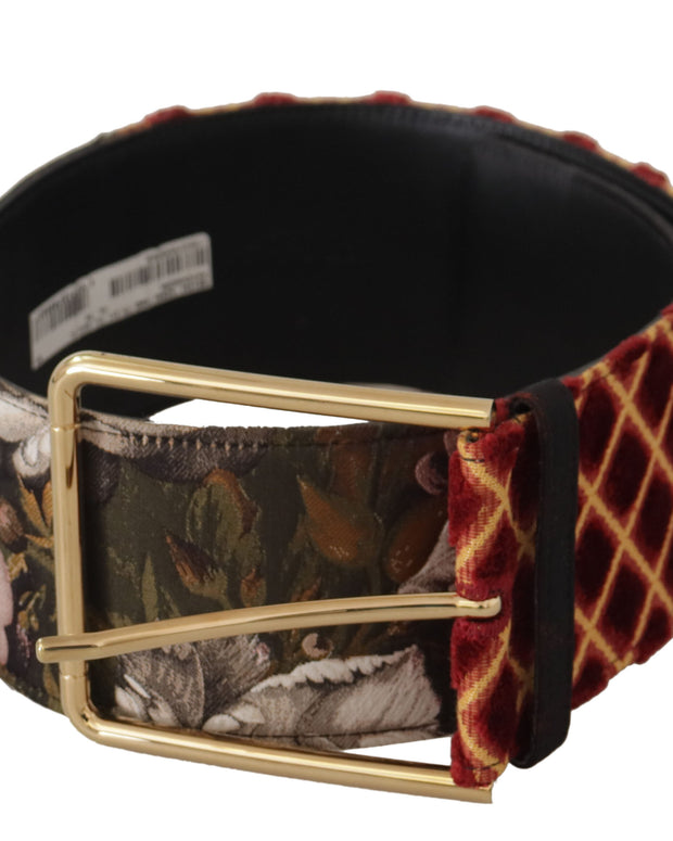 Multicolor Wide Leather Floral Gold Metal Buckle Belt