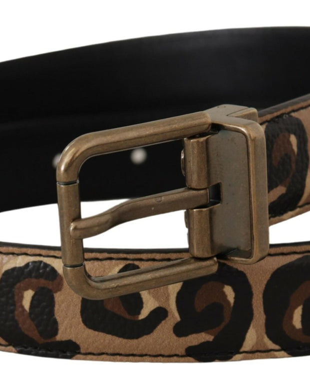 Brown Leather Leopard Print Bronze Metal Buckle Belt
