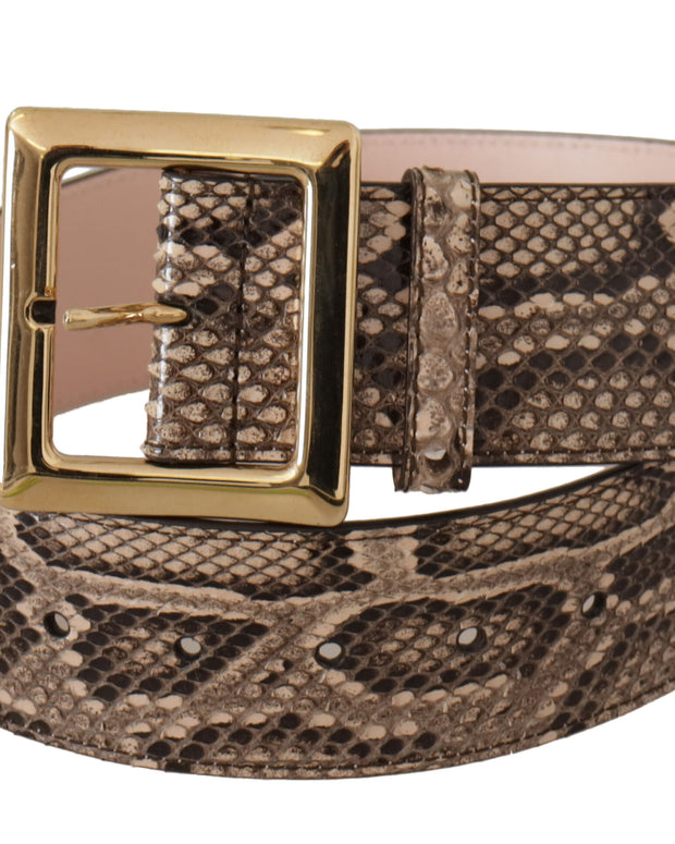 Beige Exotic Leather Wide Gold Metal Buckle Belt