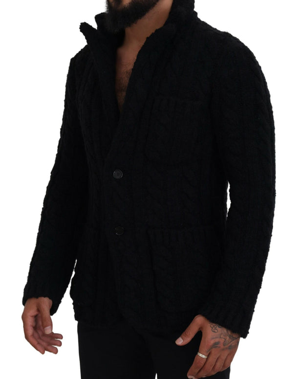 Black Wool Knit Button Cardigan Sweater