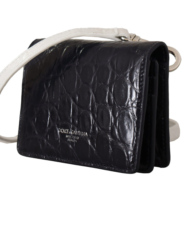 Blue White Caiman Leather Strap Card Holder Wallet