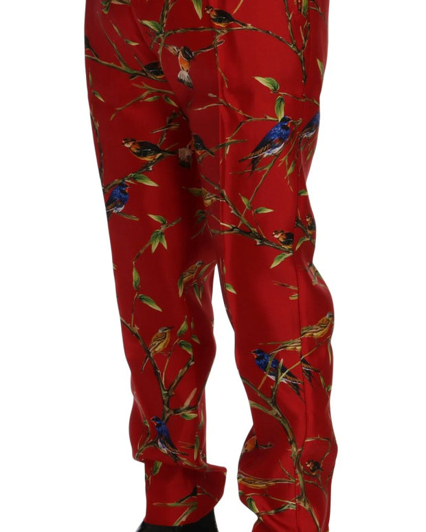 Red Silk Bird Print Dress Pants