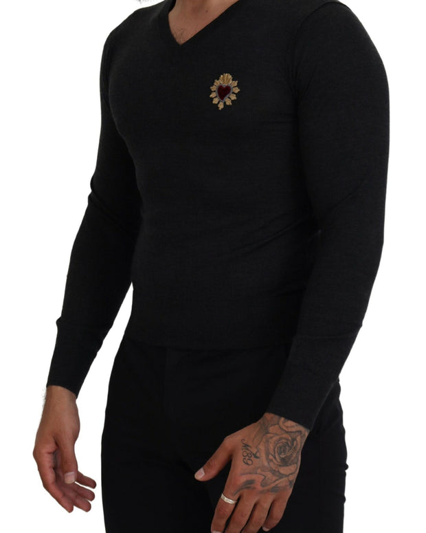 Gray Cashmere V-neck Gold Heart Sweater