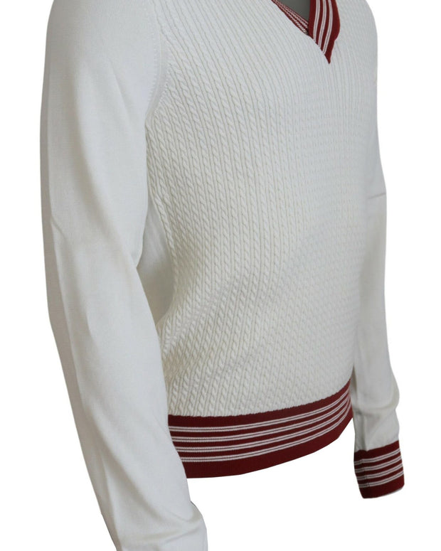 White Red Knitted V-neck Pullover Sweater
