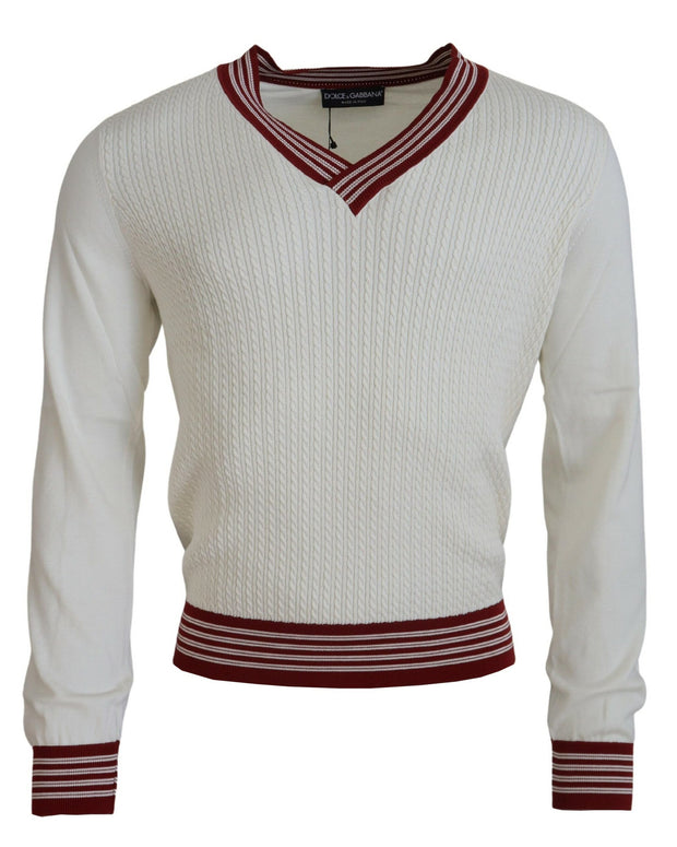 White Red Knitted V-neck Pullover Sweater
