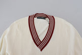 White Red Knitted V-neck Pullover Sweater