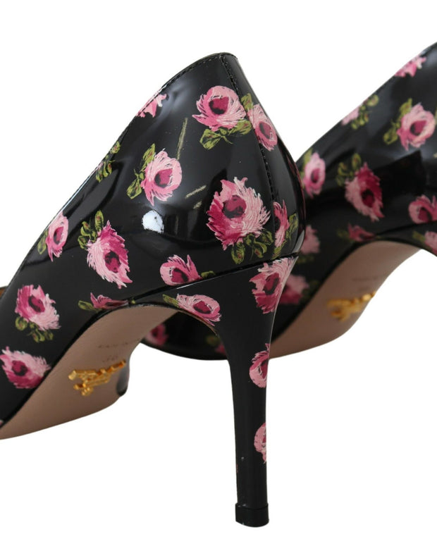 Black Leather Floral Heels Stilettos Pumps