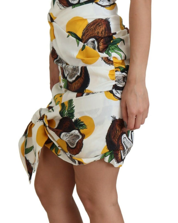 White Coconut Print Sheath Mini Silk Dress