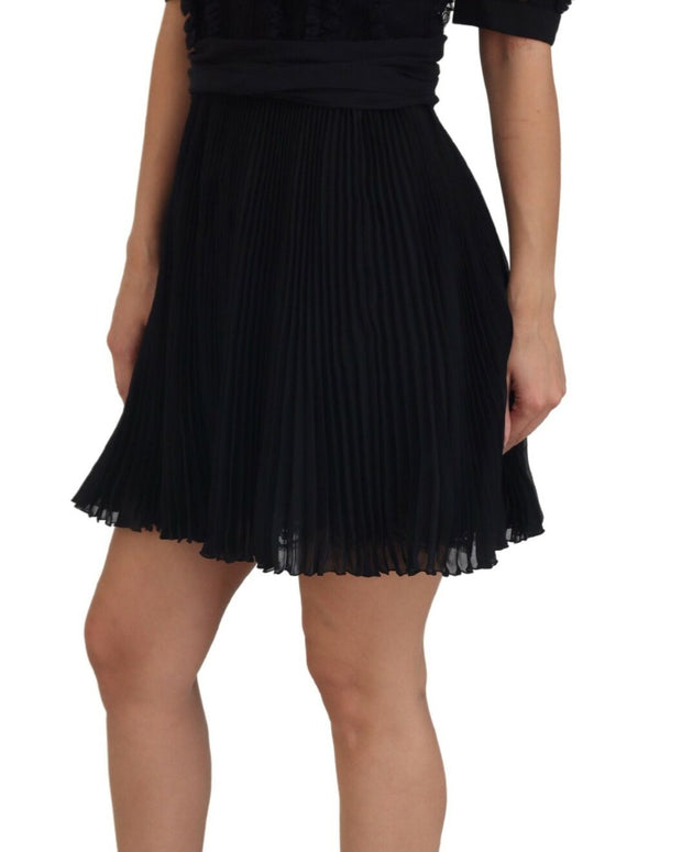 Black Lace Trim A-line Mini Nylon Dress
