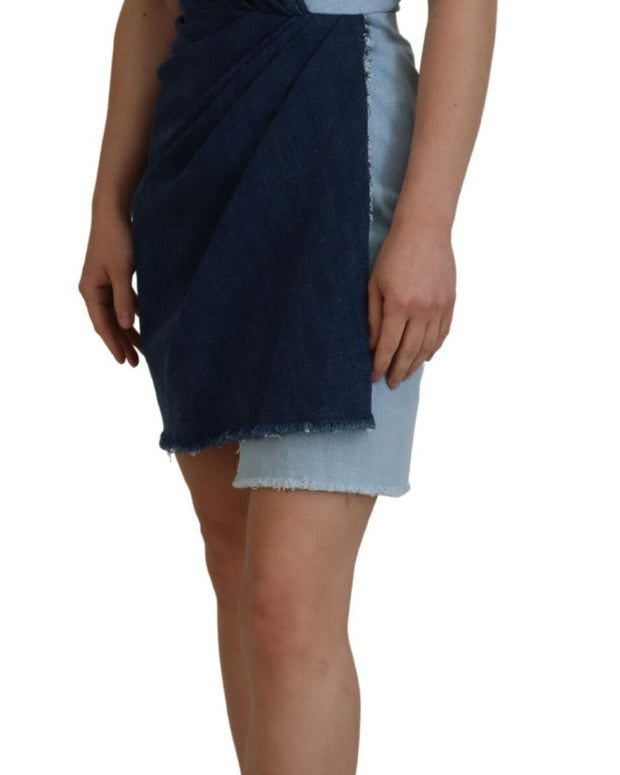 Two Tone Blue Patchwork Denim Mini Dress