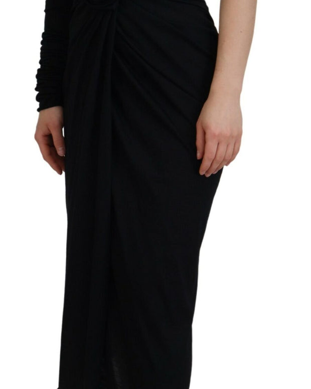Black Wrap Sheath One Shoulder Wool Dress