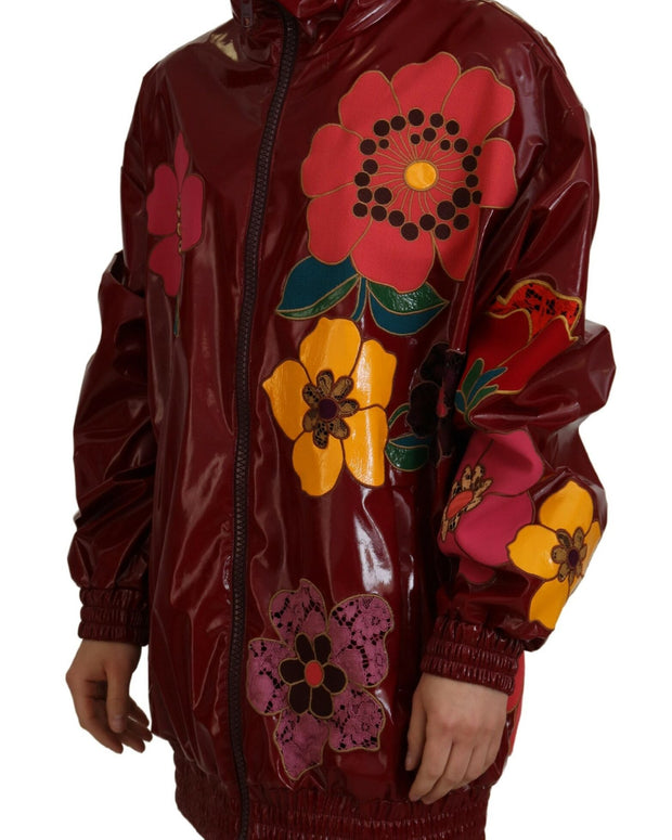 Maroon Floral Full Zip Polyester Women Jacket