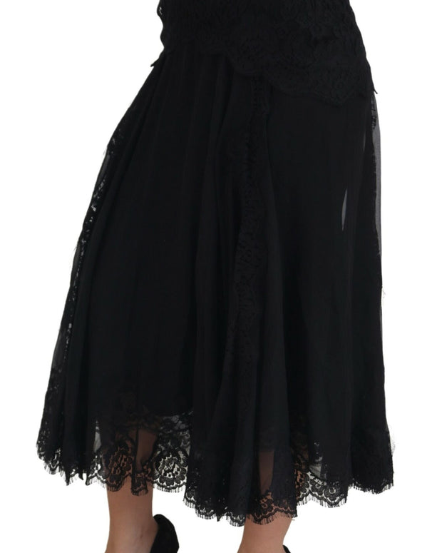 Black Silk Lace Trim High Waist Midi Skirt