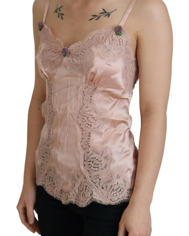 Pink Satin Lace Roses Tank Top Lingerie