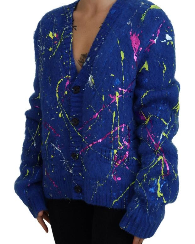 Blue Color Splash Mohair Cardigan  Sweater