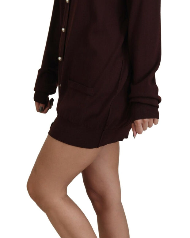 Maroon Wool Knit Deep V-neck Cardigan Sweater
