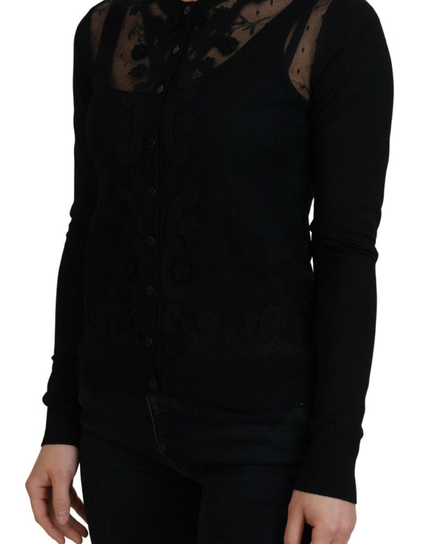 Black Floral Lace Button Cardigan Sweater