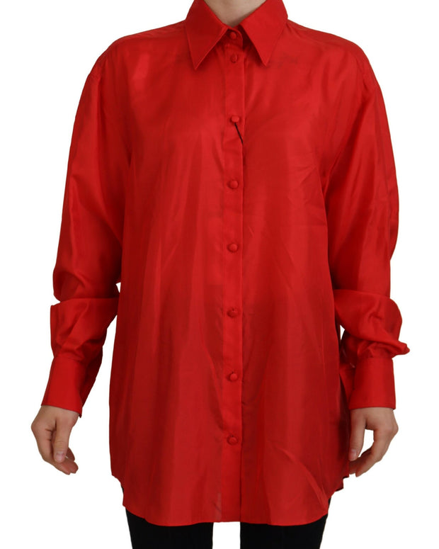 Red Silk Collared Long Sleeves Dress Shirt Top