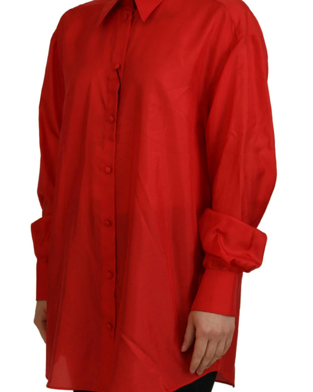 Red Silk Collared Long Sleeves Dress Shirt Top