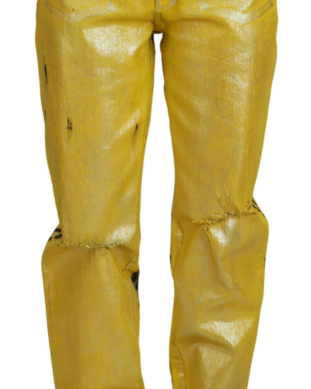 Yellow Leopard Cotton Straight Denim Jeans