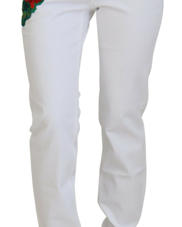 White Floral Embroidery Skinny Denim Jeans