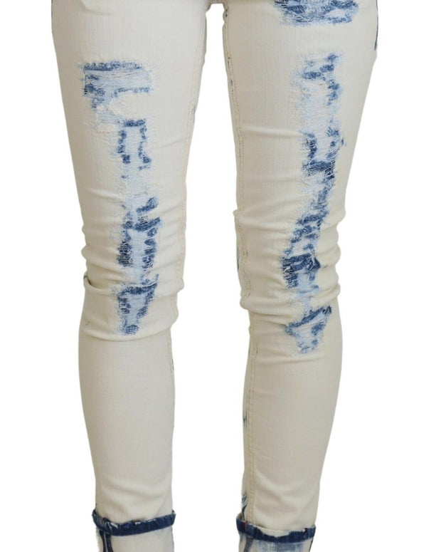 White Blue Cotton Skinny Women Tattered Denim Jeans
