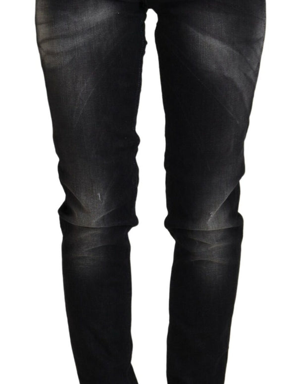 Black Washed Mid Waist Tapered Women Casual Denim Jeans