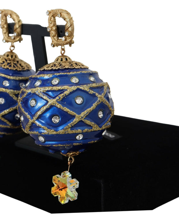 Gold Brass Blue Dangle Ball Crystal Clip On Earrings