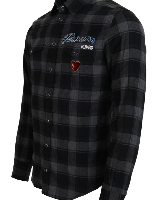 Black Gray Check Men Long Sleeves Shirt