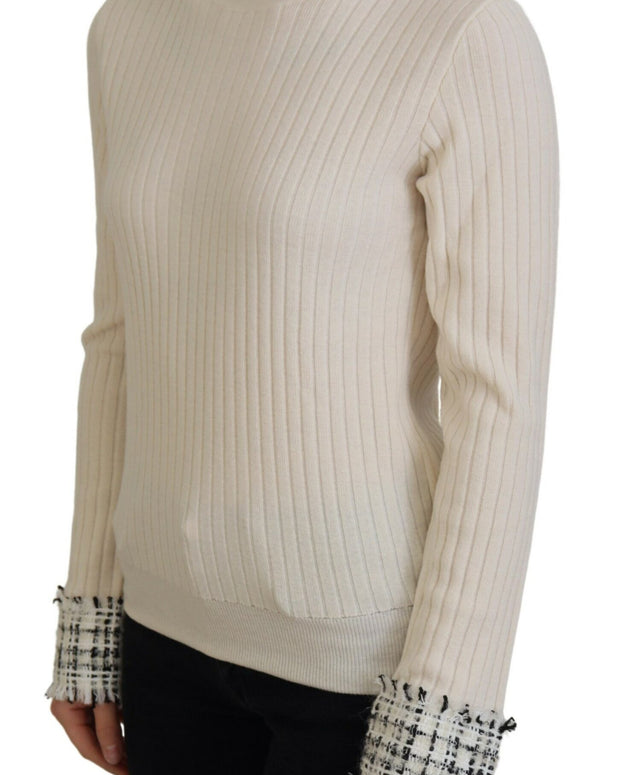 Ivory Turtleneck Distressed Cuff Pullover Sweater