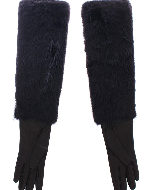 Black Beaver Fur Lambskin Leather Elbow Gloves