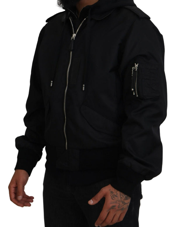 Black Nylon Hooded Full Zip Men Coat Jacket