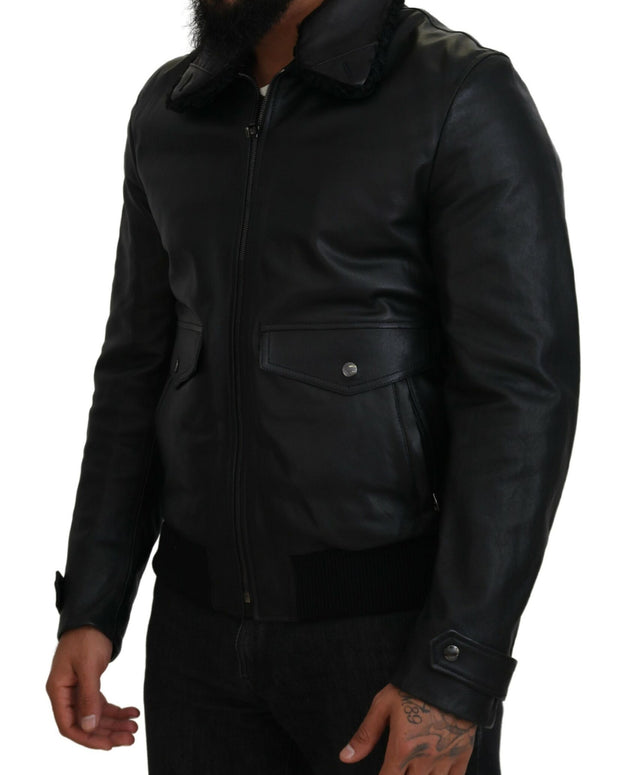 Black Lamb Leather Collared Men Coat Jacket