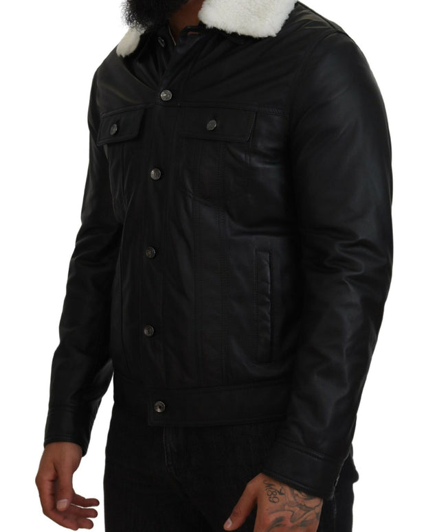 Black Lamb Leather Collared Men Coat Jacket