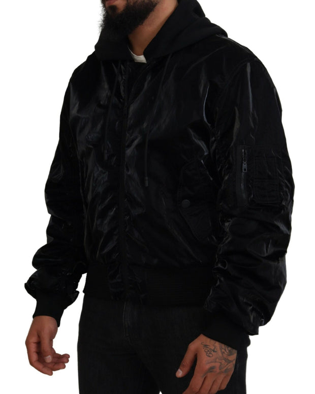 Black Nylon Hooded Full Zip Bomber Jacket