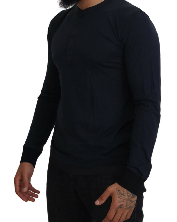 Blue Cotton Button Crewneck Pullover Sweater