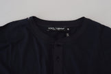 Blue Cotton Button Crewneck Pullover Sweater