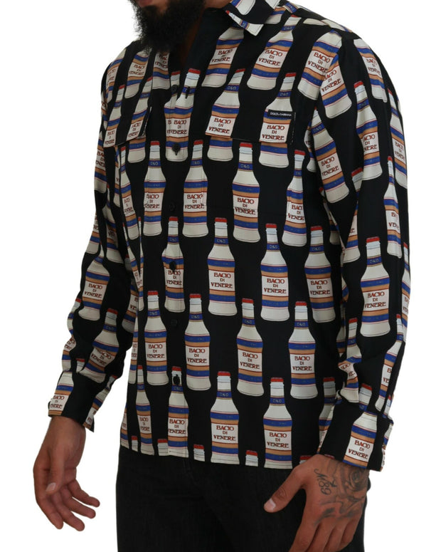 Black Silk Printed Collared Men Casual Shirt