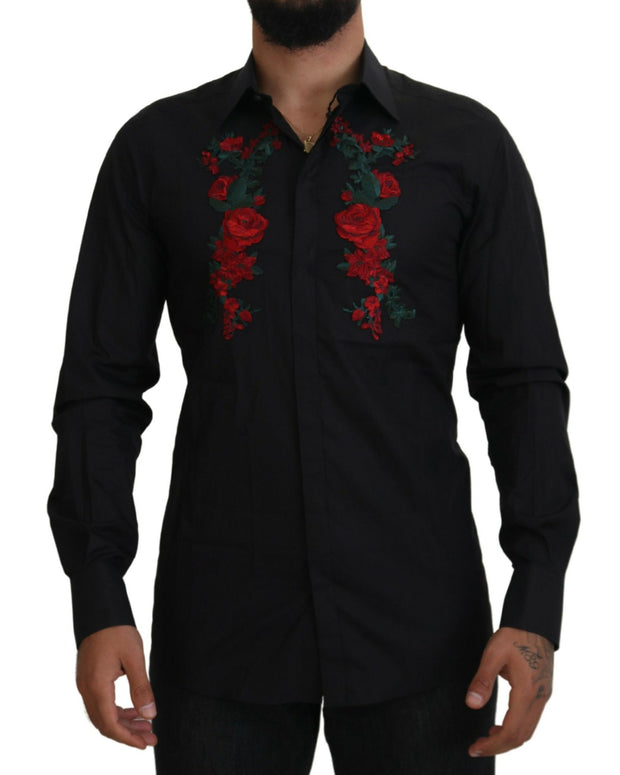 Black Floral Embroidery Men Long Sleeves GOLD Shirt