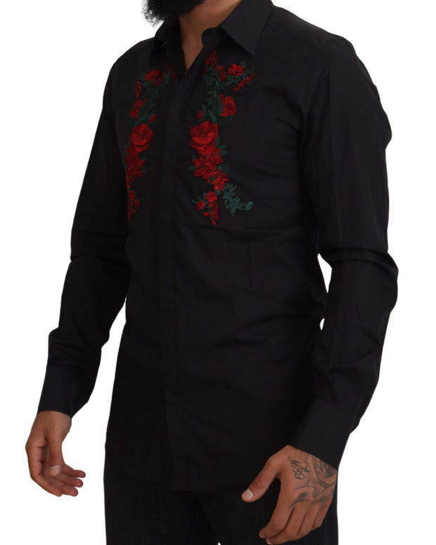 Black Floral Embroidery Men Long Sleeves GOLD Shirt
