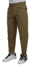 Beige Cotton Stretch Floral Chinos Pants