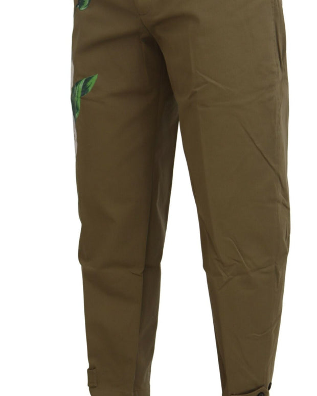 Beige Cotton Stretch Floral Chinos Pants