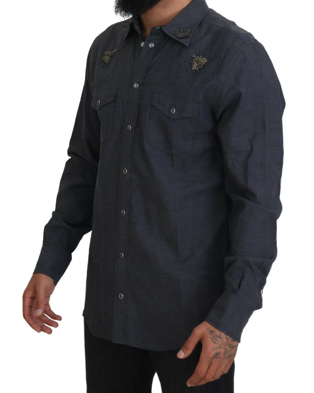 Blue Cotton Denim Crystal Bee Shirt