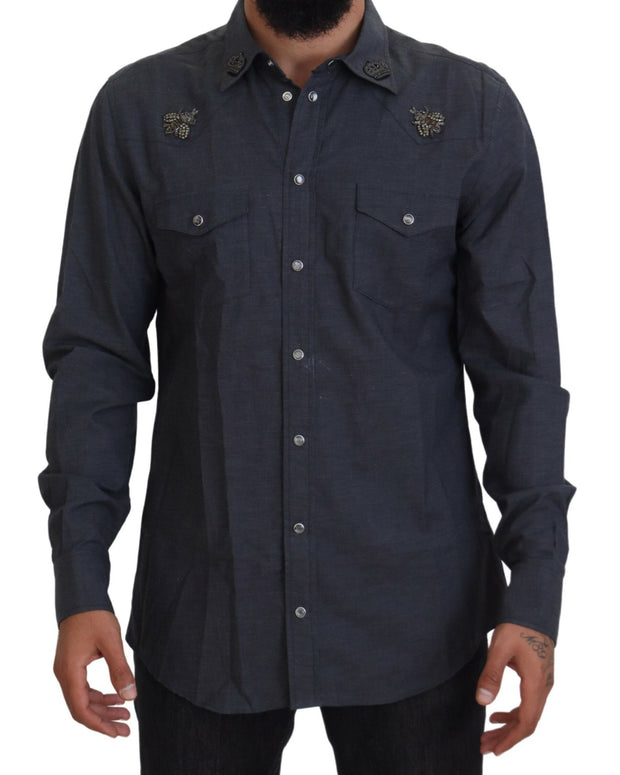 Blue Cotton Denim Crystal Bee Shirt