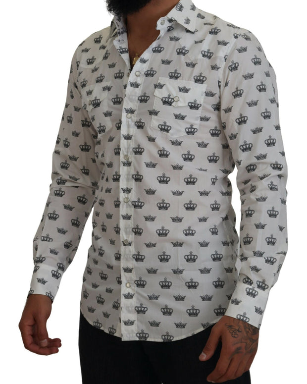 White Crown Print Slim Fit Cotton Shirt