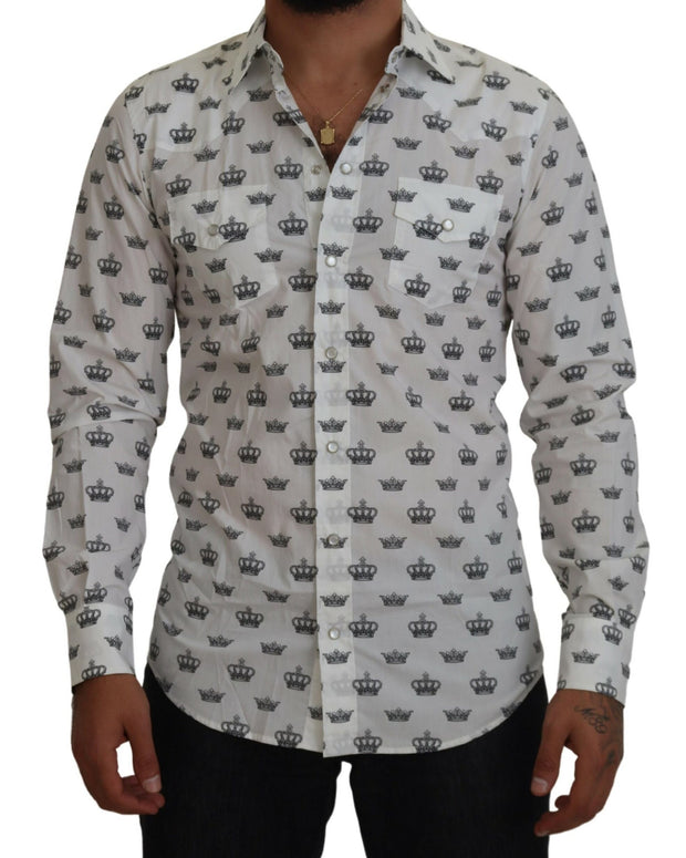 White Crown Print Slim Fit Cotton Shirt