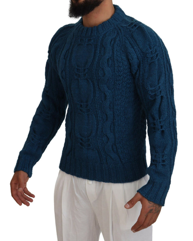 Blue Knitted Wool Alpaca Pullover Sweater