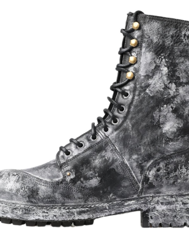 Black Gray Leather Mid Calf Boots Shoes
