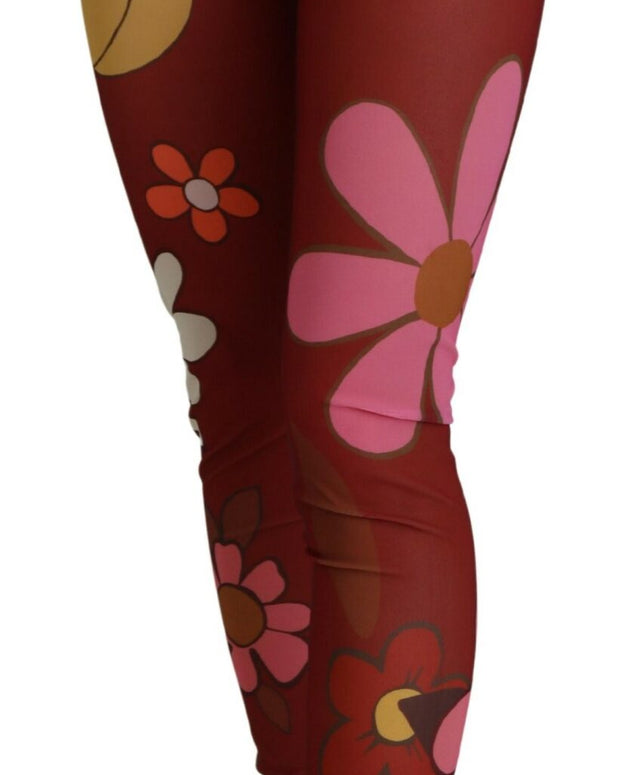 Red Floral Leggings Stretch Waist Pants