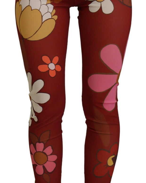 Red Floral Leggings Stretch Waist Pants